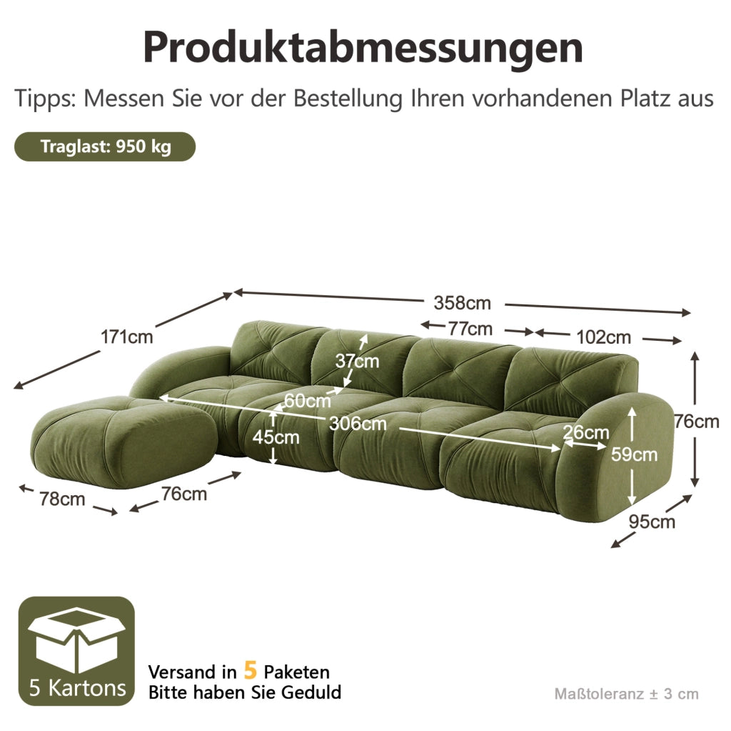 Divano modulare in ciniglia verde 358x171 cm HOMVRA