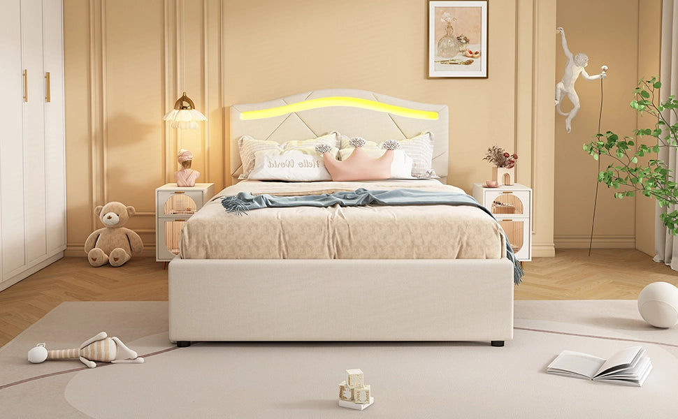 DESMIU Letto singolo 90 × 200 cm 1 posto con 2 cassetti, LED regolabile e testiera regolabile, senza materasso, beige
