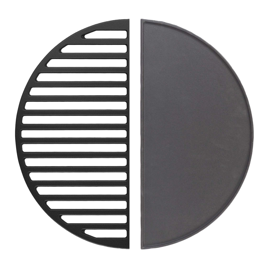 Set 1x Piastra in ghisa rigata + 1x Griglia in ghisa, forma a mezza luna, 46,7 x 22,8 cm, per barbecue, bistecchiera, ideale per grigliare carne, pesce, verdure