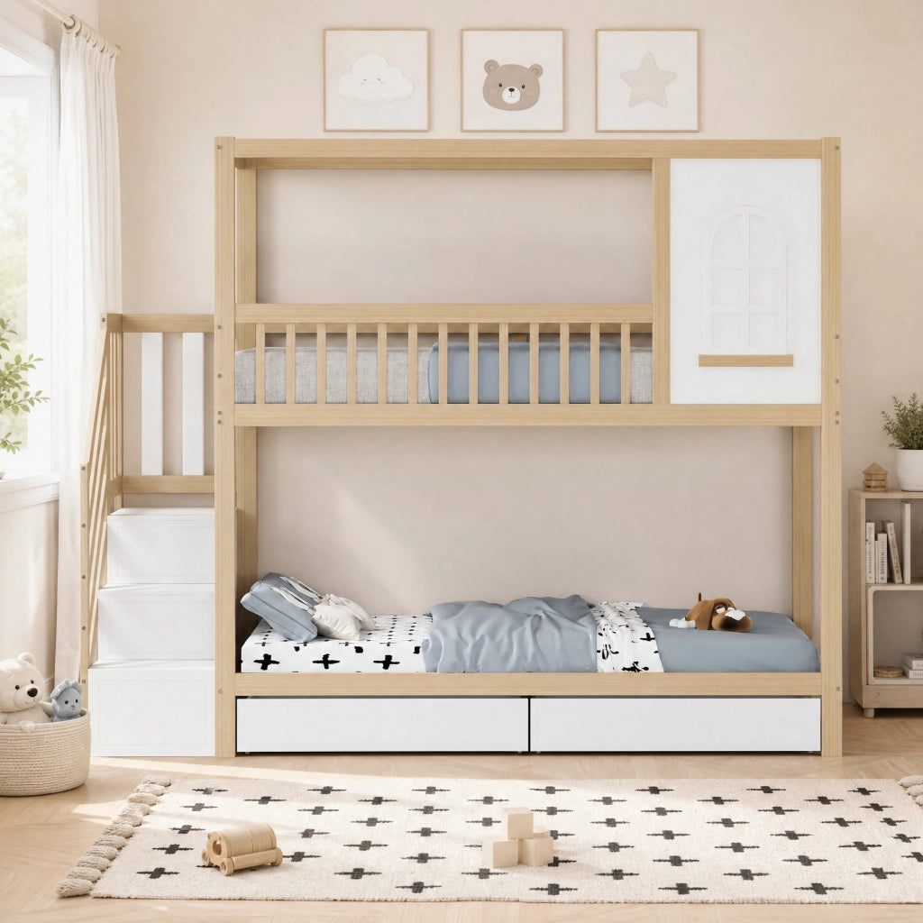 LETTO A CASTELLO 90x200 cm Legno naturale con scala e cassetti