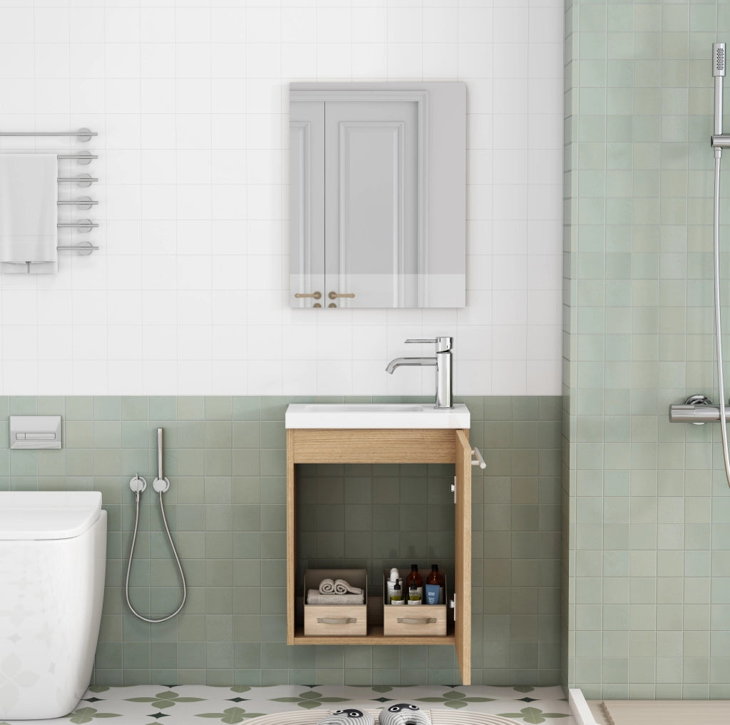 MOBILE BAGNO Sospeso Set con Lavabo in Ceramica e Specchio MDF Rovere