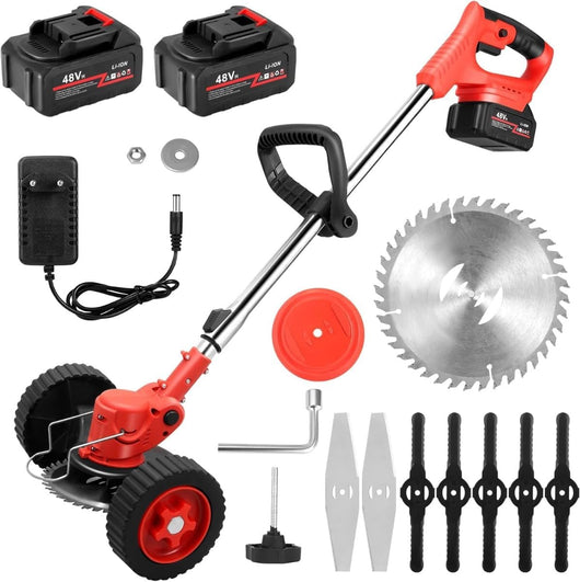 Decespugliatore Elettrico a Batteria con Ruote, Tagliabordi a Batteria 48v, Tagliabordi a Batteria Testata Regolabile e Maniglia Telescopica Testa Girevole 90° per Il Taglio di Giardini
