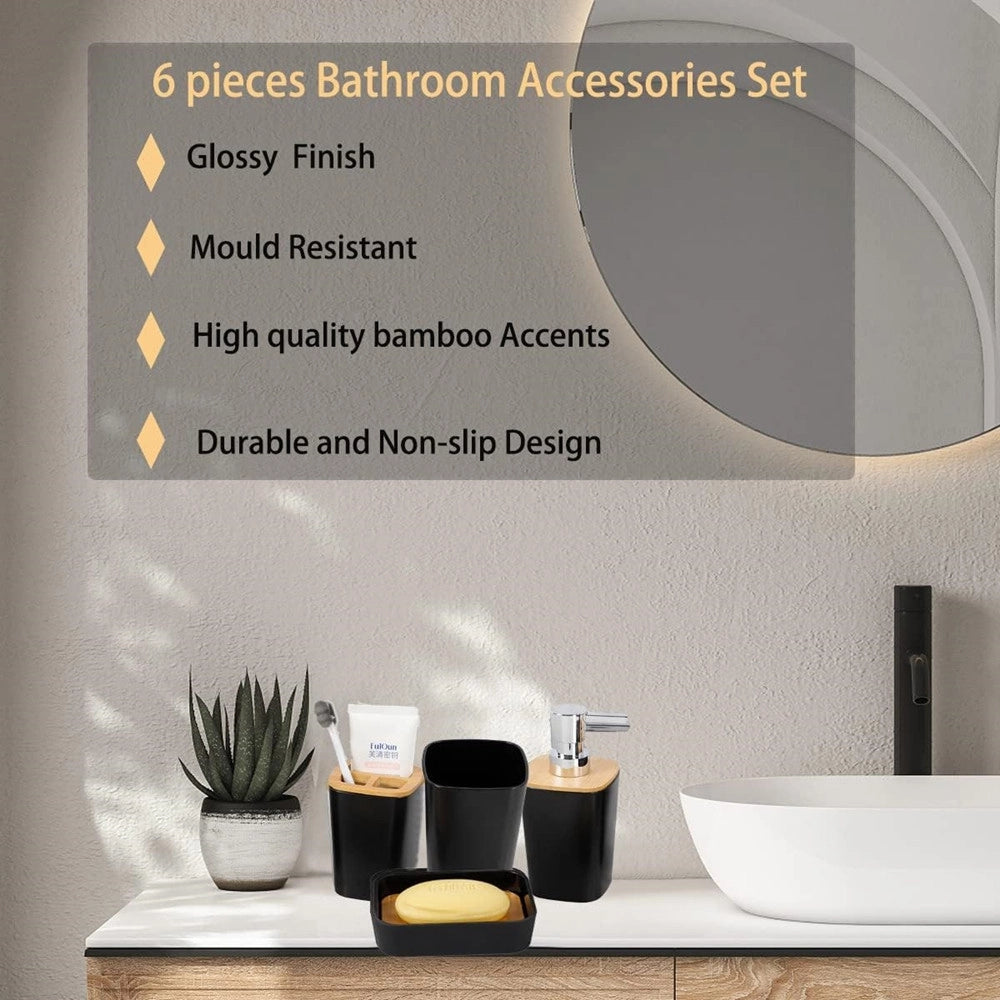 Trade Shop - Set Accessori Bagno In Bambù 6 Pz Moderno Bidone Spazzatura Portasapone Dispenser -