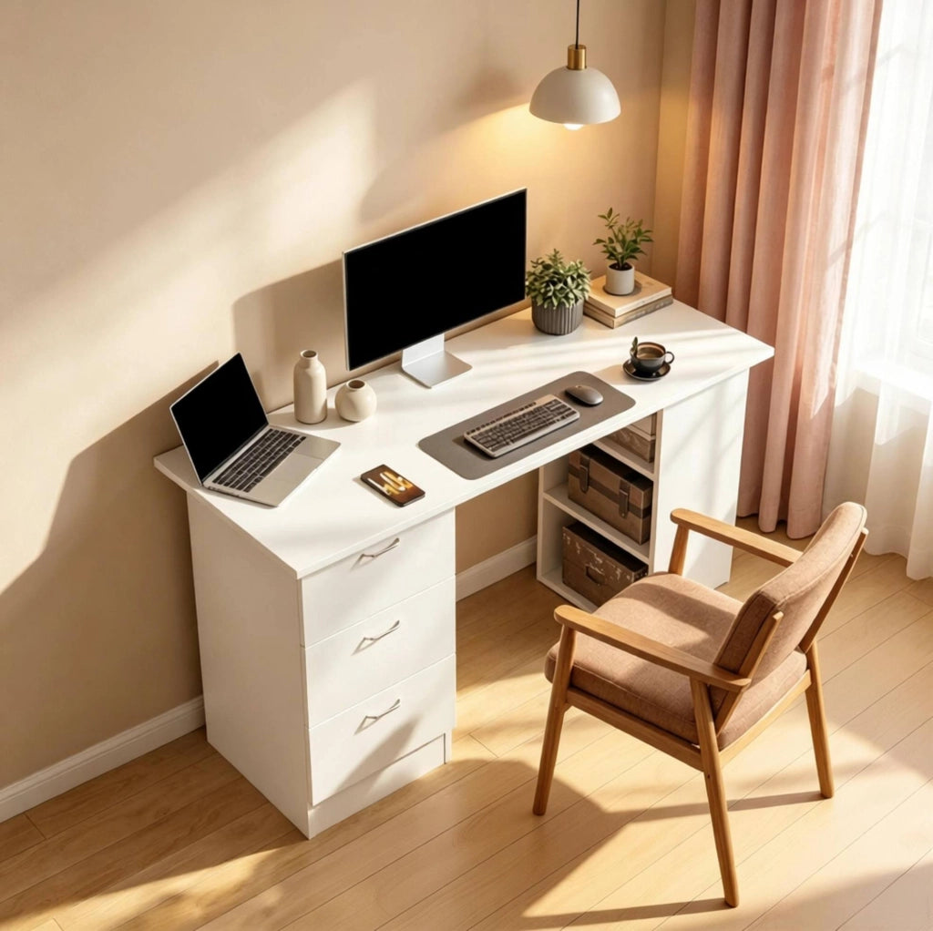 Scrivania per Computer con 3 Cassetti e 3 Ripiani 120 x 49 x 72 cm Bianca - Ideale per Studio e Camera da Letto