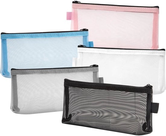 Etui multifunzionale con chiusura a rits e tessuto trasparente, contenitore per make-up, organizzatore per scuola e ufficio, borsa per viaggi, accessori per cosmetica e ufficio (5 pezzi)