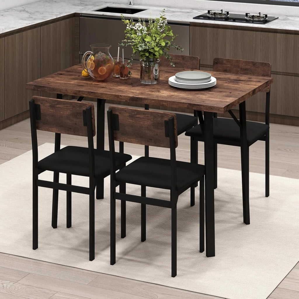 Set da Pranzo 5 Pezzi per 4 Persone, Tavolo da Cucina Industriale e 4 Sedie Imbottite in Pelle Finta con Gambe in Metallo, Set da Pranzo Salvaspazio per Piccoli Appartamenti e Angolo