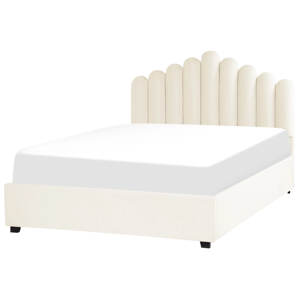 Letto contenitore matrimoniale rete a doghe velluto bianco sporco 160 x 200 testiera a conchiglia