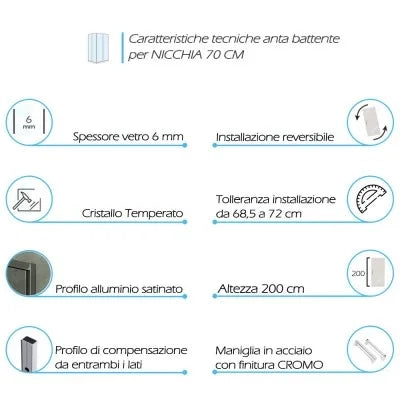 Porta doccia nicchia 70 cm a battente con vetro in cristallo trasparente Ted
