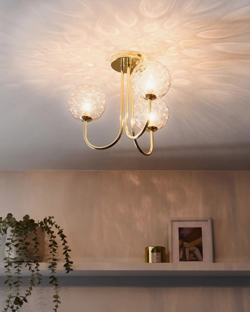 Plafoniera in vetro a 3 luci in metallo con paralumi rotondi pendente beige e oro  stile Industriale