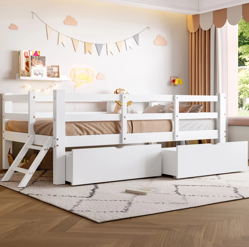 Letto a piattaforma 90x200 cm con 2 cassetti in MDF e compensato bianco