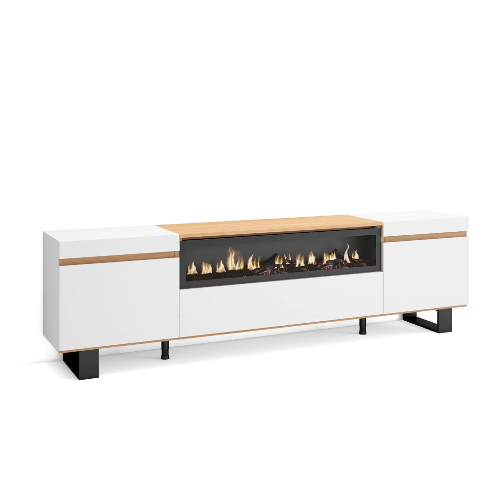 Mobile TV Soggiorno, 200x57x35cm, Per TV fino a 80", Camino elettrico, Design industriale, Bianco e Rovere soft