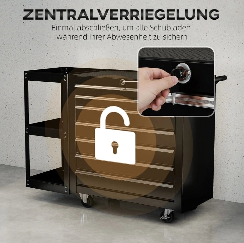 Carrello portautensili nero con 7 cassetti e ripiano removibile
