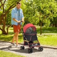 Passeggino per Cani Convertibile con 2 Guinzagli e Cuscino, in Acciaio e Poliestere, 82x49.5x98 cm, Rosso e Nero
