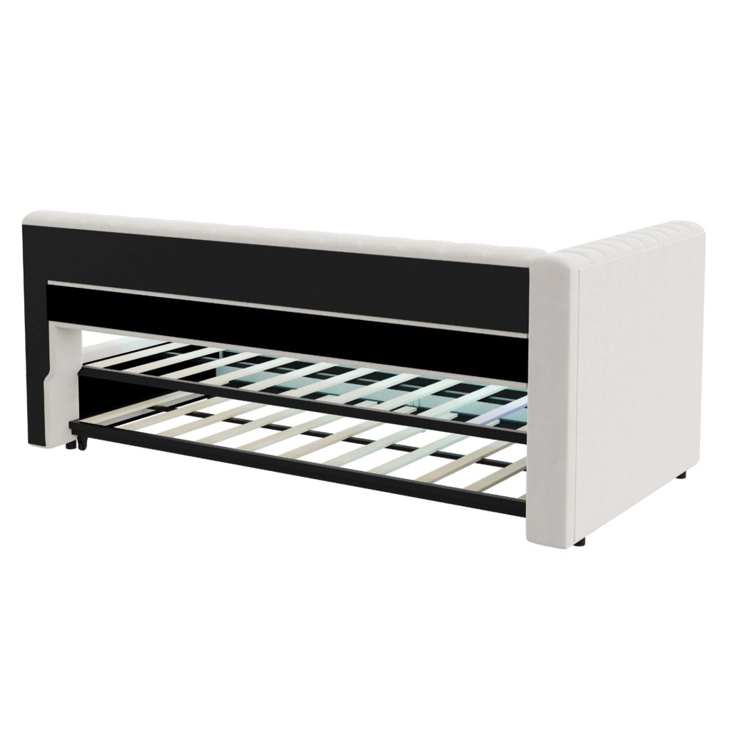 Divano letto estraibile 90x200 cm con LED, USB e USB-C in velluto beige