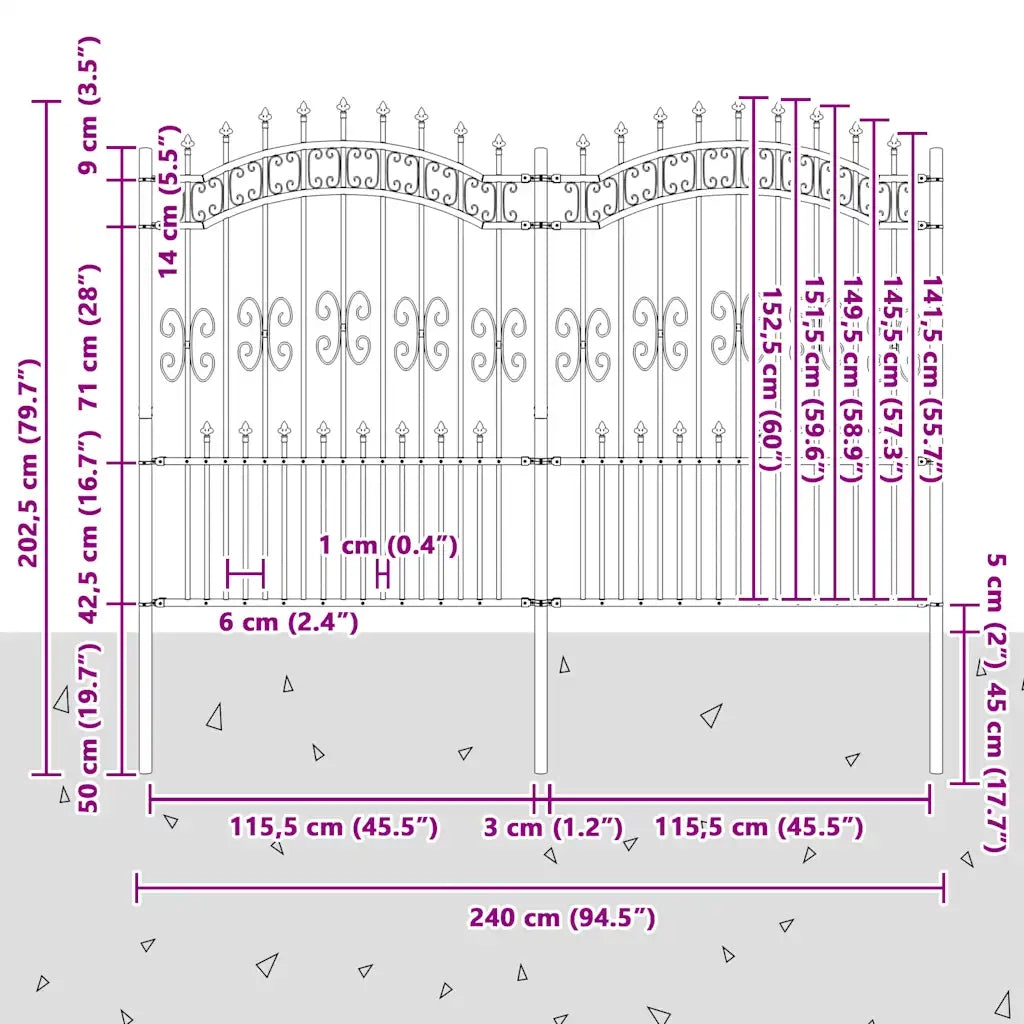 Recinzione da Giardino | Recinzione da cortile KAMPEN con Punta a Lancia Nera 240x150 cm in Acciaio