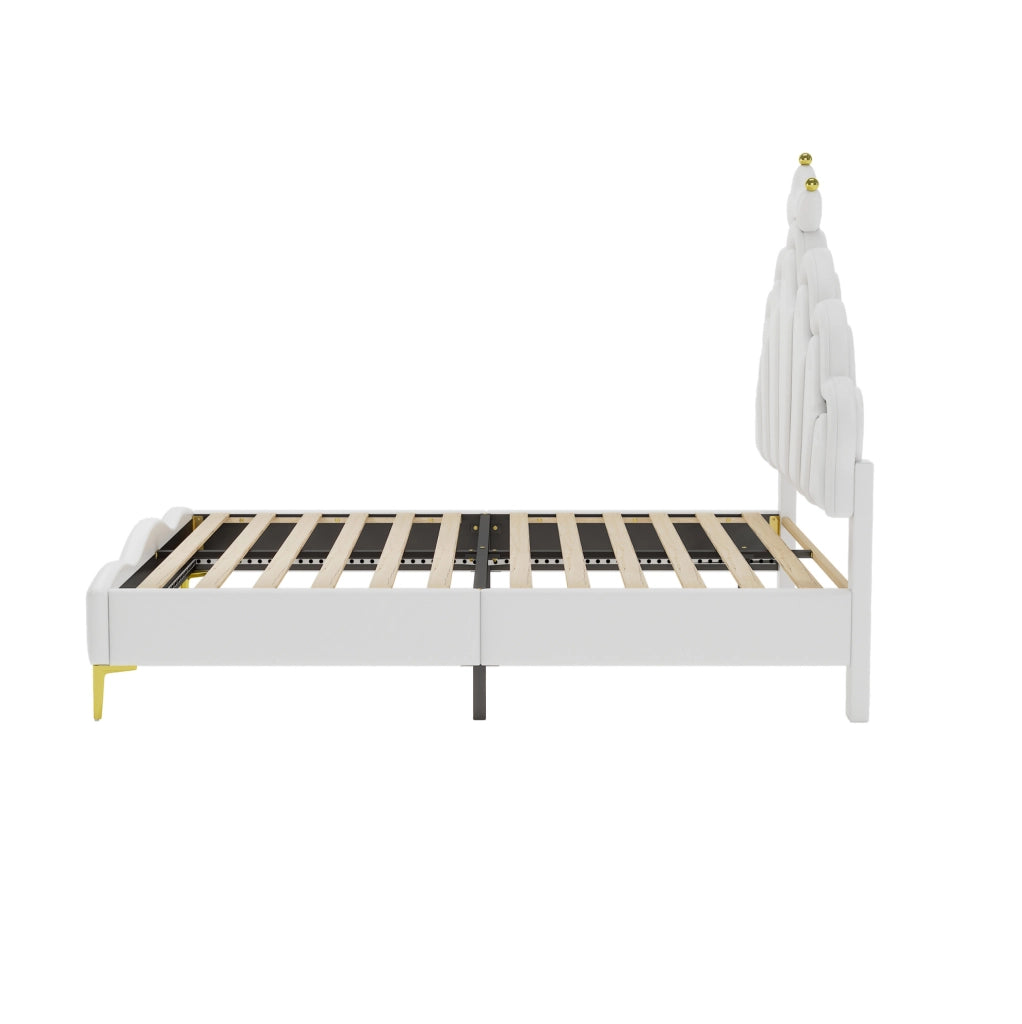 Letto matrimoniale 140x200 cm; testiera a nuvola con corona e LED; PU e MDF; bianco