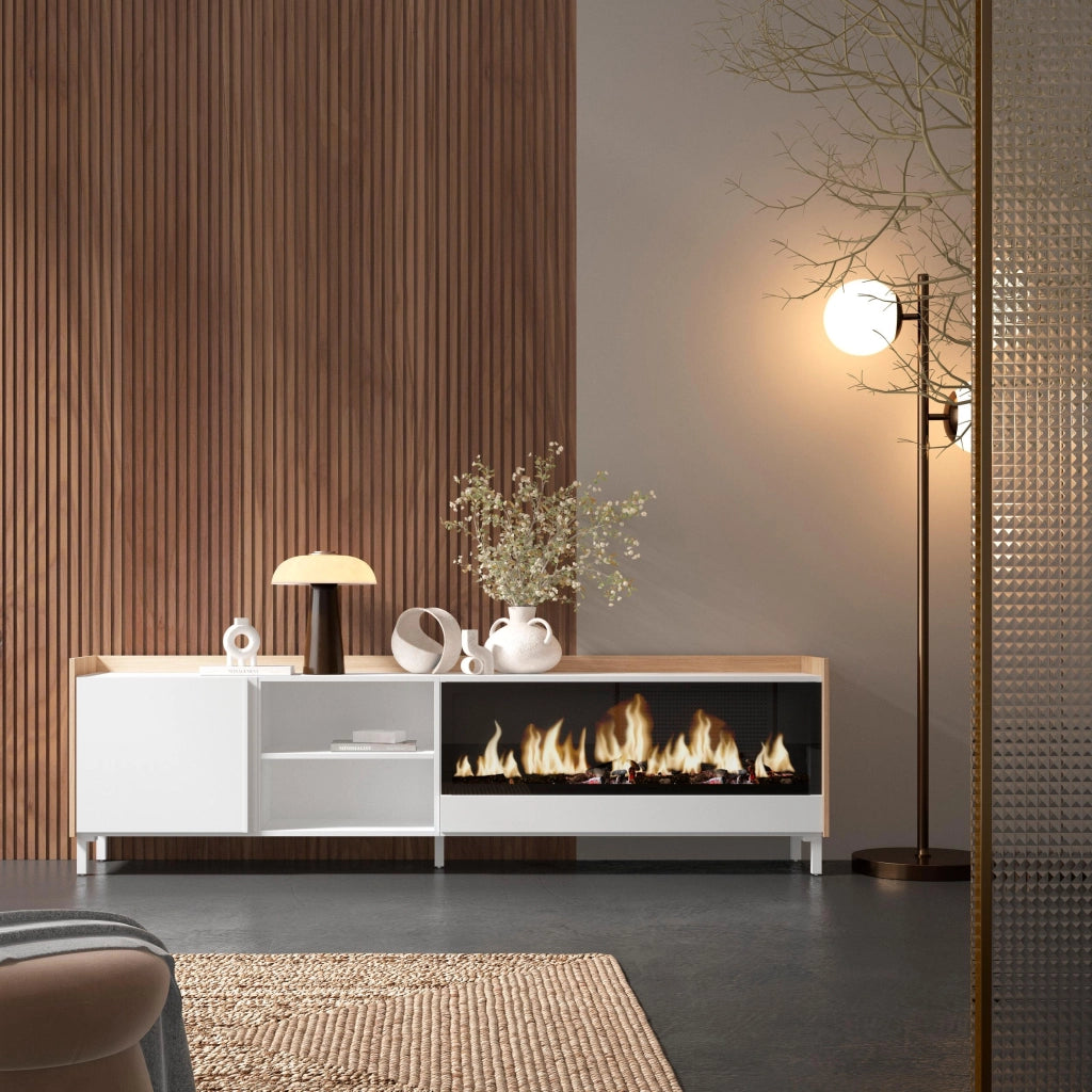Mobile TV Soggiorno, 212x61x35 cm, Per TV fino a 80", Camino elettrico XXL, Design industriale, Bianco e Rovere soft