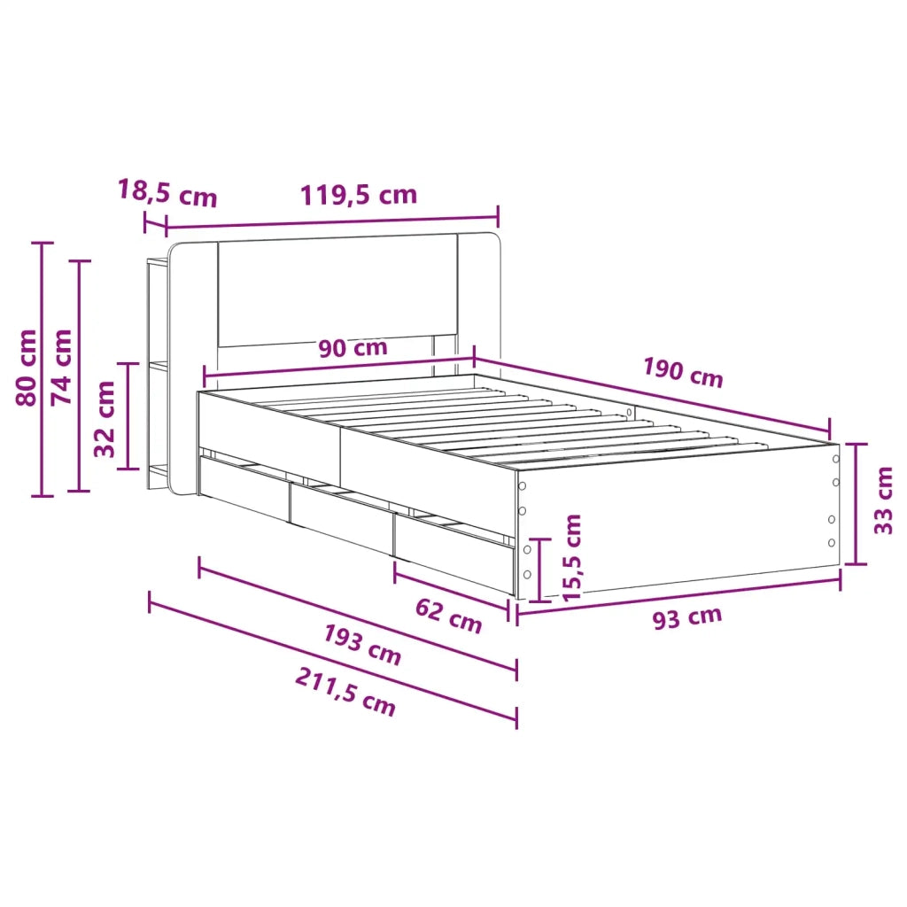 Telaio del letto con storage Sonoma grigio 90 x 190 cm 3433921