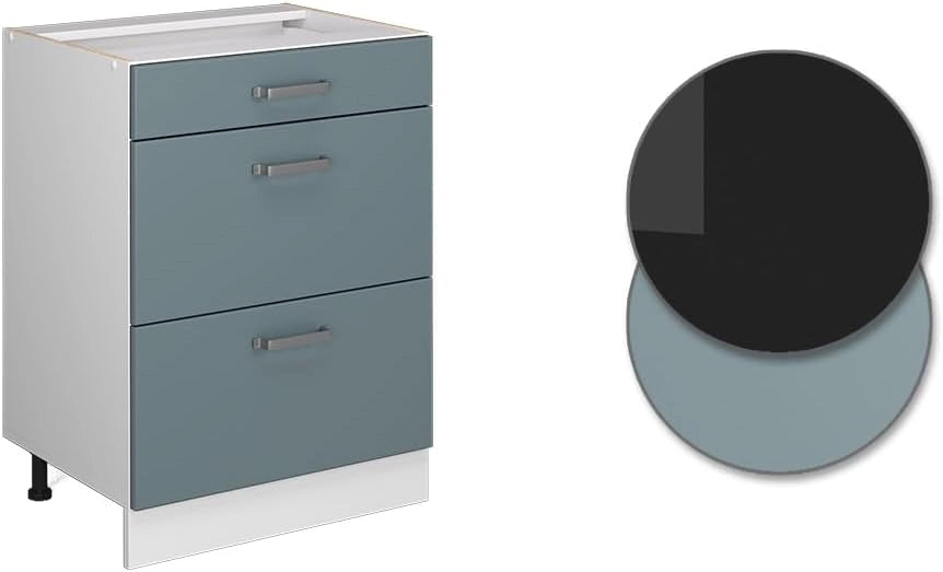 Mobiletto base per cucina R-Line, Grigio-blu, 60 cm con cassetti, senza piano di lavoro, per la libera combinazione all'interno di sistemi cucina modulari