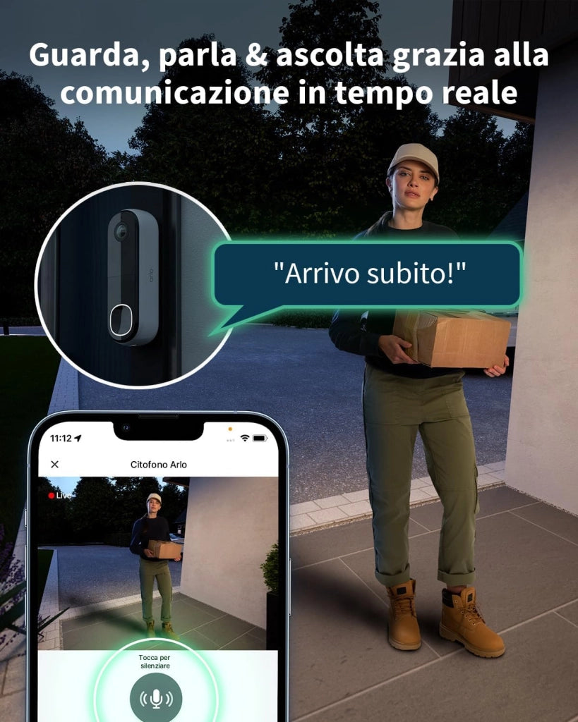 Arlo Essential FHD Videocitofono, Telecamera WiFi Esterno Senza Fili, Campanello Senza Fili da Esterno, Citofono Smart, Sensore Movimento, Visione Notturna, Sirena, Prova Inclusa Secure App, Bianco
