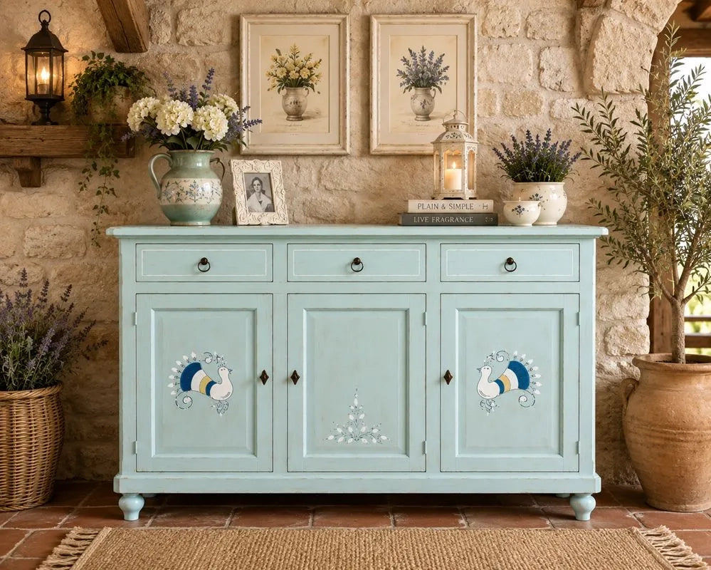 Credenza shabby verde vintage 3 porte 3 cassetti in legno 150x43x98 - Mobili 2G