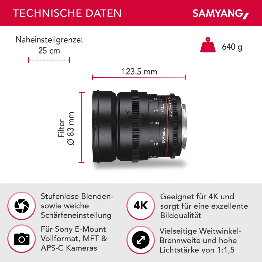 SAMYANG Obiettivo Video DSLR II Sony E 24 mm / T1.5 Obiettivo video a fuoco manuale 0.8 Gear, grandangolo, nero