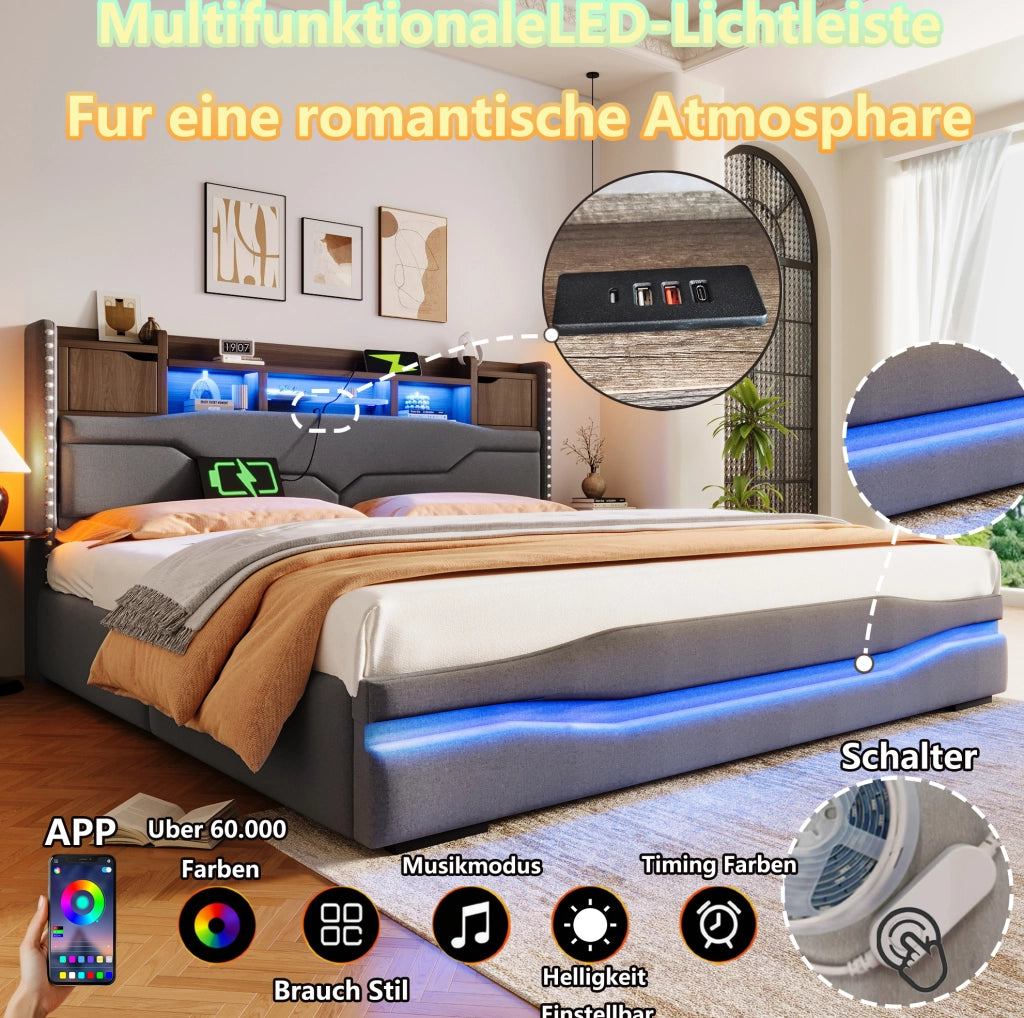 Letto imbottito 180x200 cm con LED, USB-C e vano contenitore