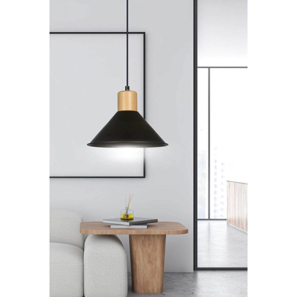 Lampada a sospensione ROWEN in acciaio nero e legno