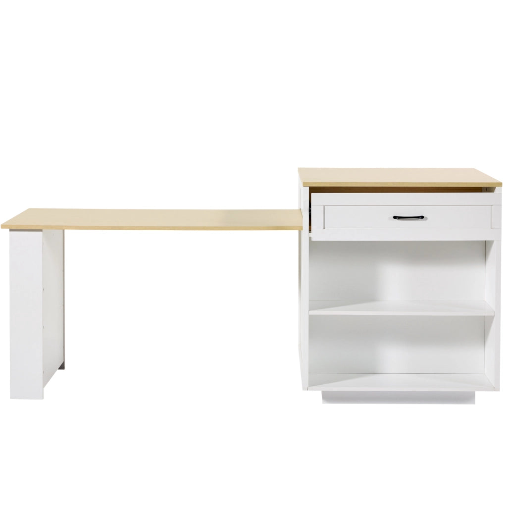 Tavolo bar allungabile con contenitore 133-202x70x93,5 cm, in MDF bianco, con cassetto e vani aperti