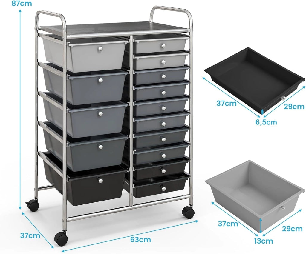 Carrello con 15 Cassetti Impilabili, Carrello di Stoccaggio con Ruote, Carello Portaoggetti per Casa e Ufficio, 62,5 x 37 x 87 cm (Nero 3)
