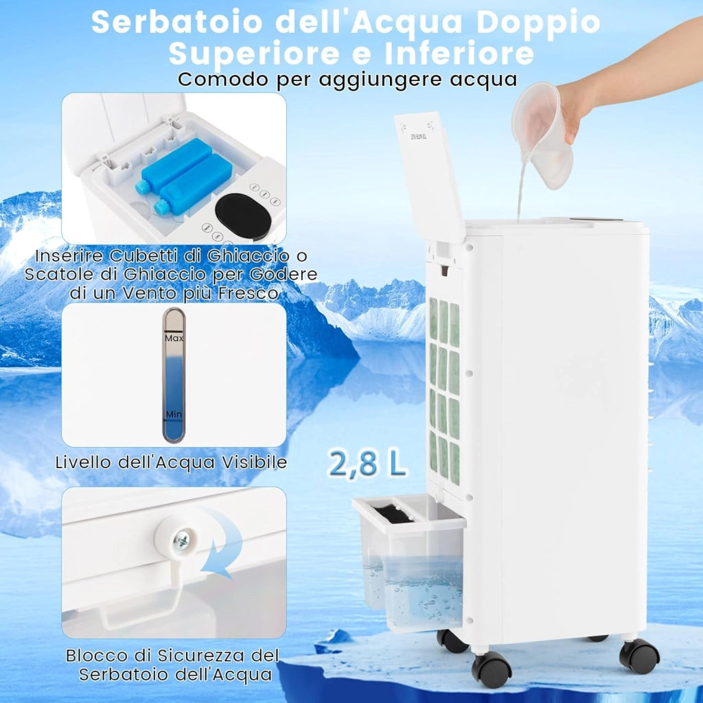 Condizionatore Portatile 3 in 1, Condizionatore d'aria Evaporativo portatile con Raffreddamento, Ventola e Umidificazione, 3 Velocità del Vento, 12H Timer, Doppio Serbatoio d'acqua(Bianco)
