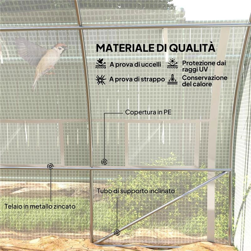 SERRA A TUNNEL CON PORTA, PANNELLI E 8 FINESTRE AVVOLGIBILI, IN ACCIAIO ZINCATO E PE, 3.97X3X2 M, BIANCO