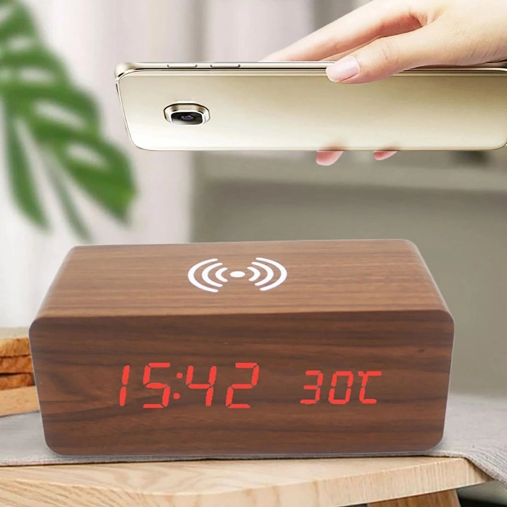 SVEGLIA DIGITALE MULTIFUNZIONE LEGNO LED RICARICA WIRELESS TEMPERATURA 06724