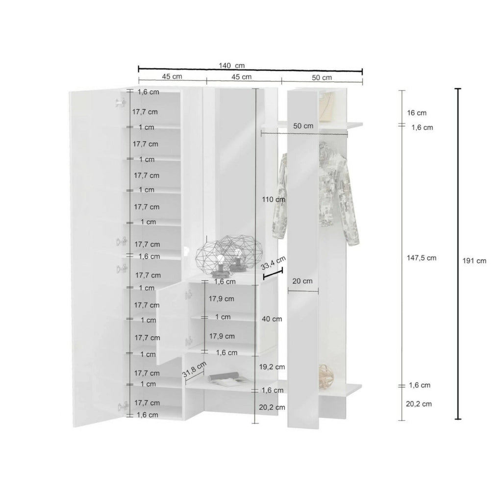 Mobile da ingresso Arabelle, Armadietto multifunzione a 2 ante, Appendiabiti da parete con 2 specchi, 140x35h190 cm, Bianco