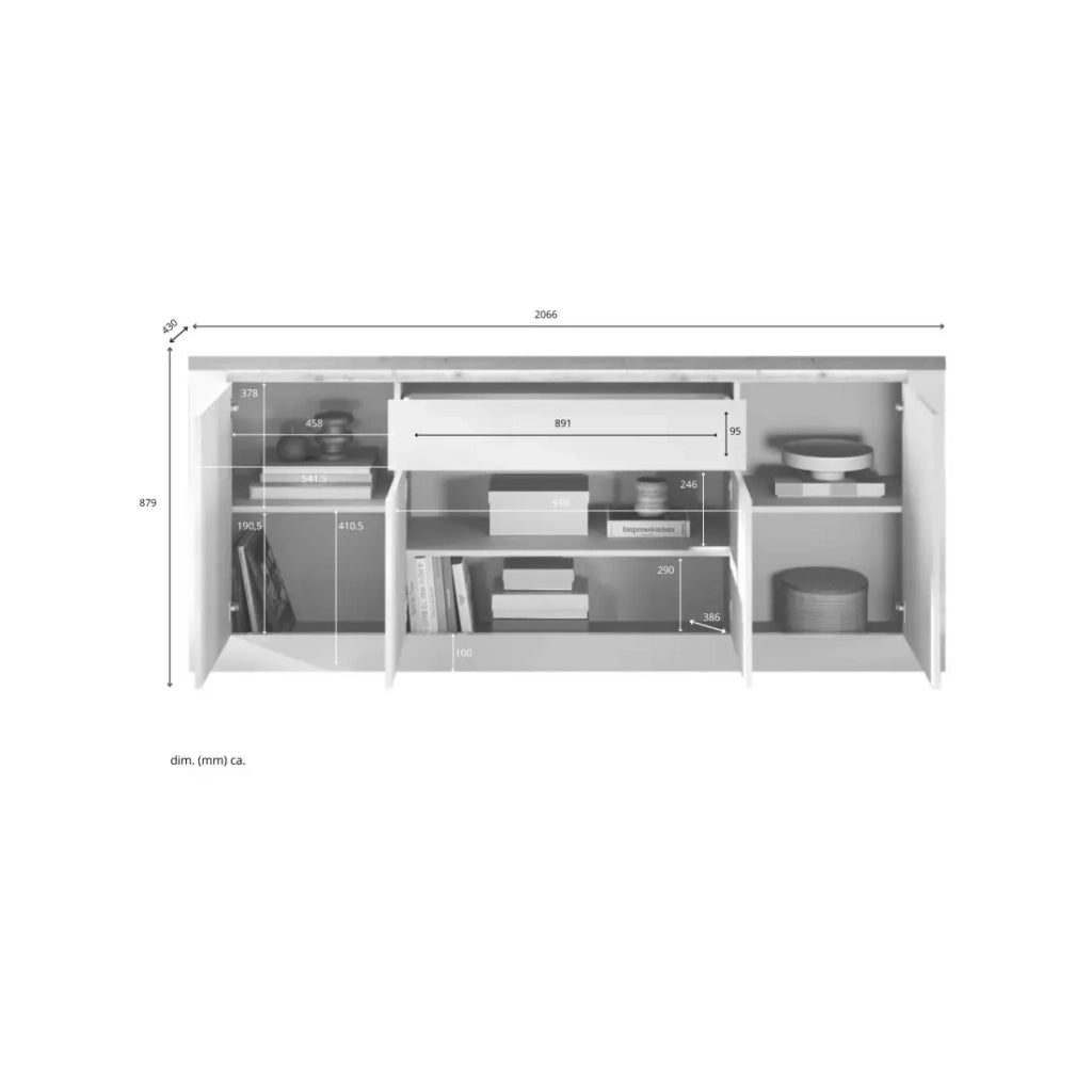 Buffet SASHA – 4 porte + 1 cassetto con LED integrato – Bianco laccato e Rovere Cadiz