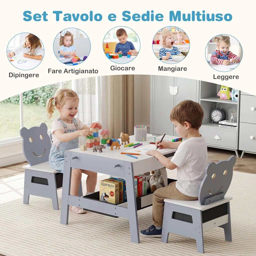 Set Tavolo e 2 Sedie per Bambini, 5 in 1 Tavolino e Sedie con 4 Ganci, 3 Scatole in Tessuto e Lavagna Reversibile per Bambini 3+ Anni per Cameretta Ragazzi (Grigio, Stile 4)
