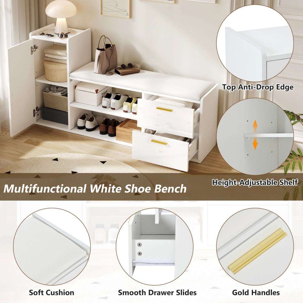 Scarpiera con 2 cassetti e 1 anta, seduta imbottita e ripiani aperti, per ingresso, bianco 128 × 30 × 68 cm