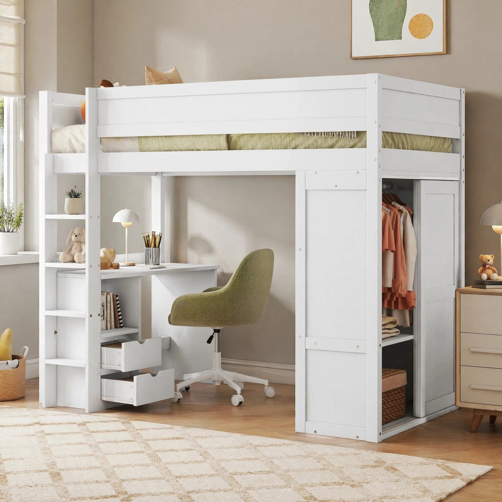 Letto a soppalco per bambini 90x200 cm con scrivania e armadio
