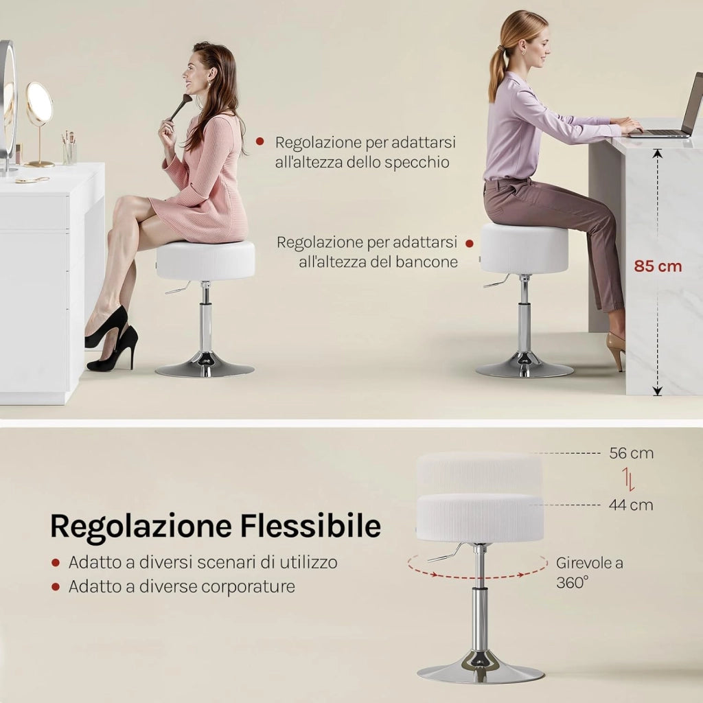 Set di 2 Sgabelli Bassi da Bar, Sgabello Regolabile in Altezza, Sedia da Trucco, Sgabello Girevole con Sedile in Velluto a Coste, Base in Metallo, per Salone, Massaggi, Nuvola Bianca