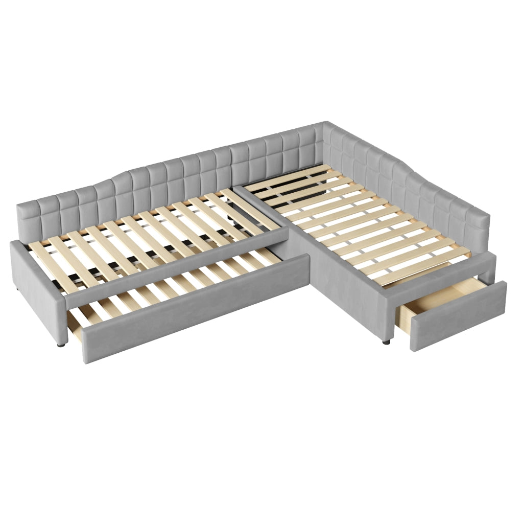 Letto a L 90x200 cm con letto estraibile e cassetti in flanella grigio