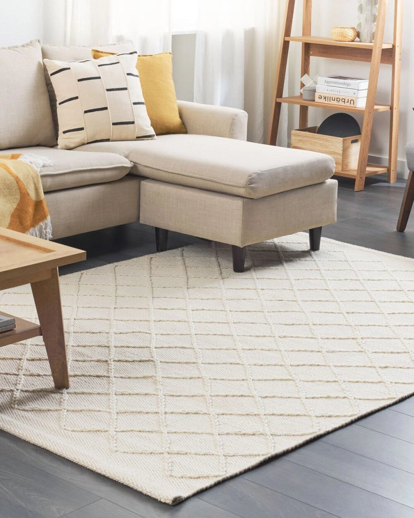 Tappeto tappetino Lana Bianco Sporco con Cotone 160 x 230 cm Rettangolare Intrecciato a Mano Motivo Geometrico Boho