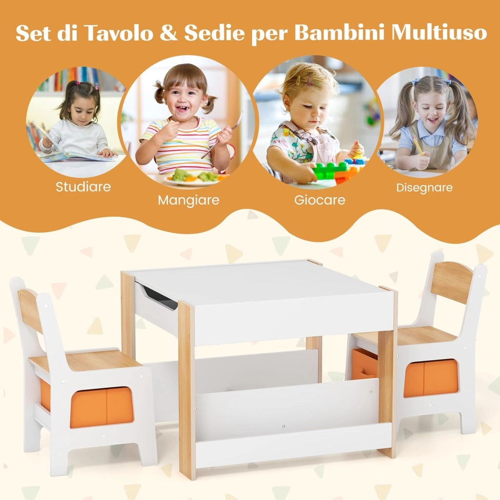Set Tavolino Bambini con 2 Sedie per 3+ Anni, Tavolo e Sedie 4 in 1 con Lavagna Rimovibile, Librerie e Scatola in Tessuto, Mobile Salvaspazio per Scuola e Cameretta (Naturale, Stile 1)