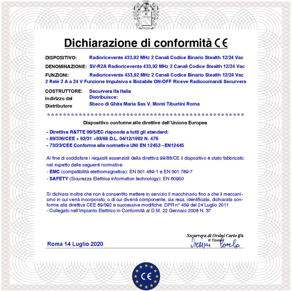 Radioricevente Bicanale Freq. 433,92 MHz 2 Radiocomandi Codice Fisso 12 Bit Inoltre Accetta 180 Stealth o Rolling Code Base 2 Relè Impulsivi o Stabili ON-OFF Alimentazione 12/24 Vac Protezione IP55