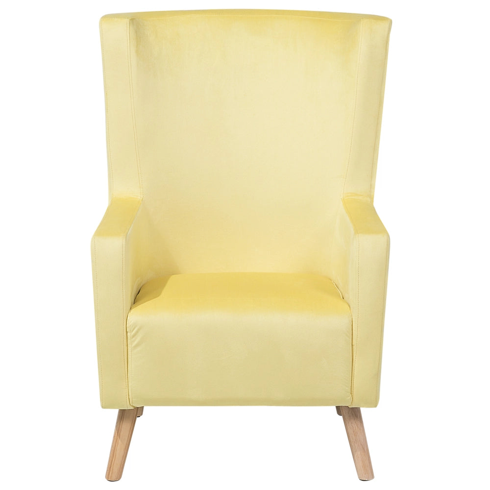 Sedia Wingback con rivestimento in velluto giallo e gambe in legno con schienale alto