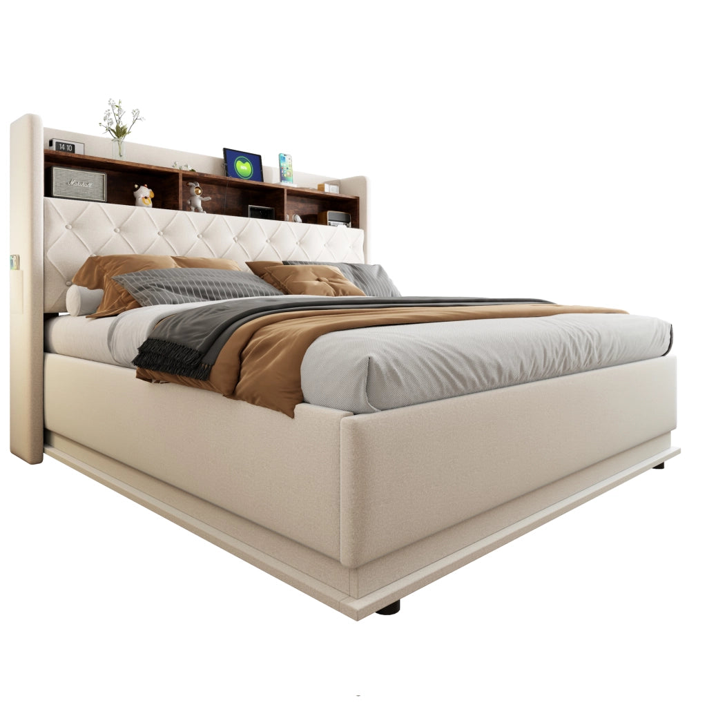 Letti contenitori 180x200 cm; luci LED multicolore e USB; tessuto; beige