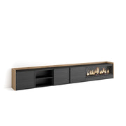 Mobile TV Soggiorno, 315x50x35 cm, Per TV fino a 80", Camino elettrico XXL, Nero e rovere