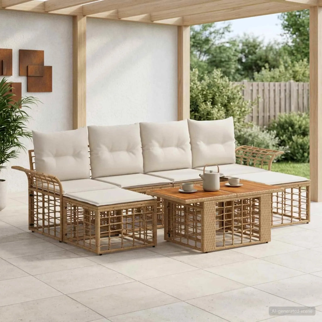 Set Divano da Giardino 7 pz Naturale e Bianco Crema polyrattan 3438004