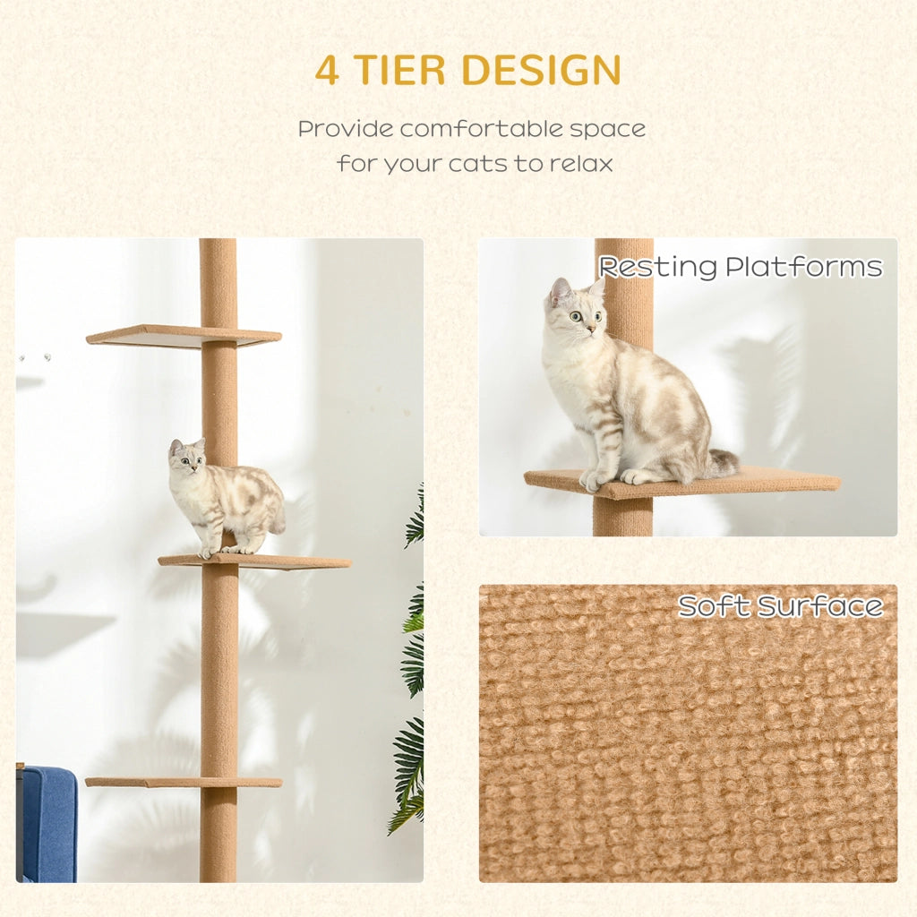 EasyComfort Albero Tiragraffi per Gatti a 4 Livelli, Fissaggio a Soffitto Regolabile, 43x27x228-260cm