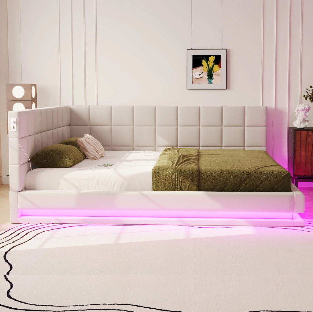 Divano letto imbottito 160x200 cm in tessuto effetto lino beige con LED e USB