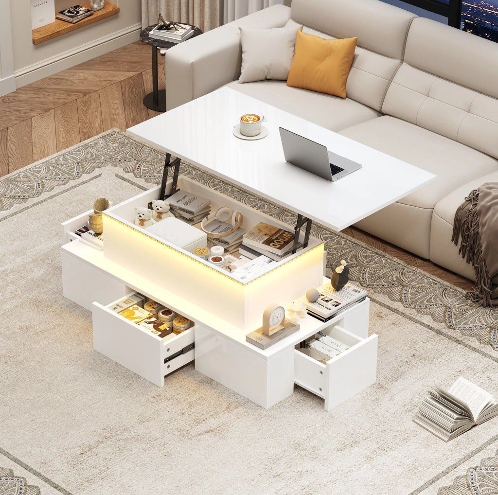 Tavolino da salotto elevabile 100x50x40 cm in MDF bianco lucido con LED e 4 cassetti